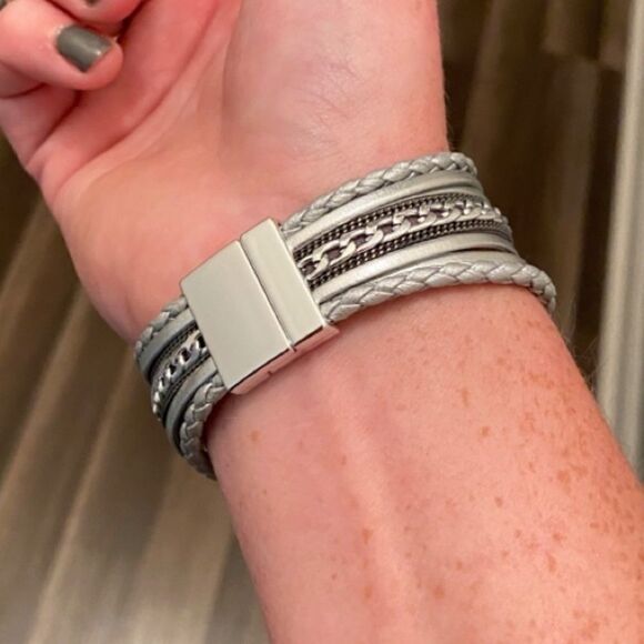 Grey Braided Leather Chain Buckle Bracelet - Picture 3 of 6